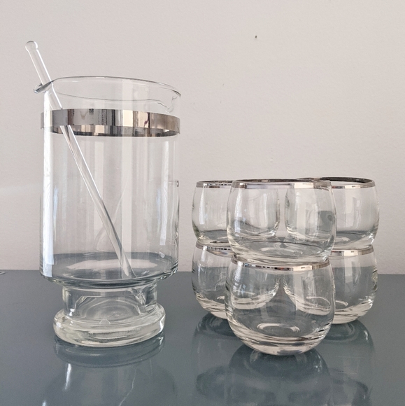 6 Vintage Silver Rim Roly Poly Glasses & Pitcher Mid Century Cocktail Bar Ware